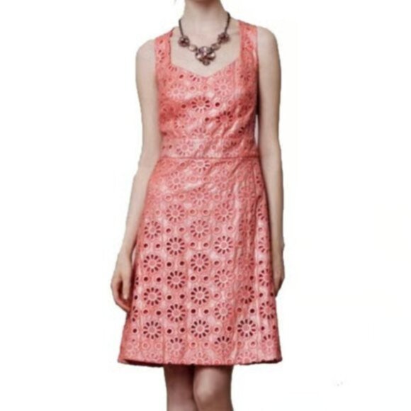 Anthropologie Mauve Coral Shine Floral Eyelet Dress, Size 6P - Picture 2 of 11